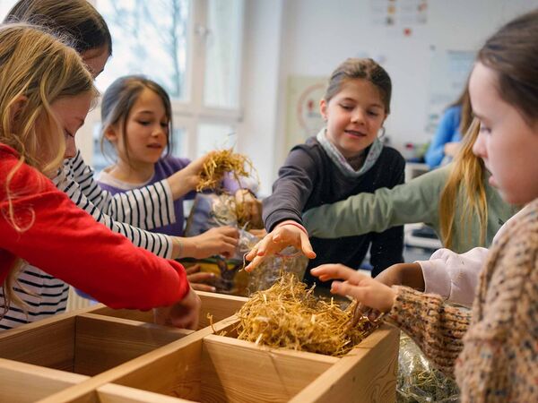 Schülerinnen der Grundschule am Lettenholz in Bad Tölz bauen eine Nisthilfe.