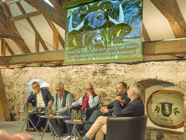 Diskussionsrunde bei den Benediktbeurer Gesprächen Fünf Herren sitzen in Sesseln auf einem Podium und diskutieren