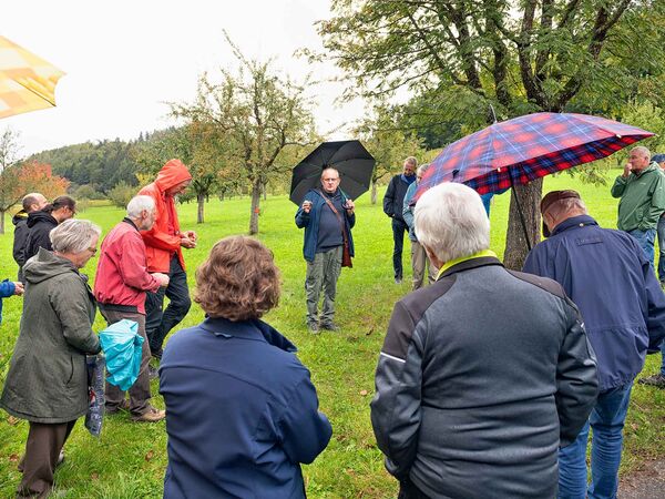 Thomas Hepperle führt Gäste durch den Birnensortenerhaltungsgarten "Unterer Frickhof".