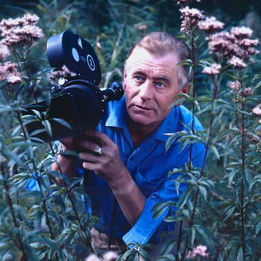 Heinz Sielmann steht in einer Blumenwiese mit einer Kamera in der Hand.