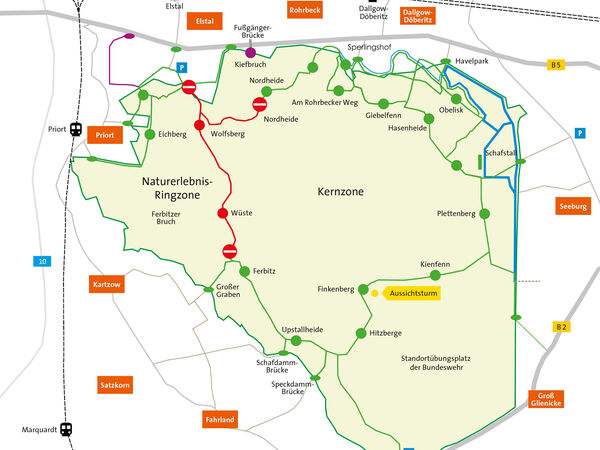 Karte mit aktuellen Wegesperrungen in Sielmanns Naturlandschaft Döberitzer Heide am 07.08. und 08.08.2023.