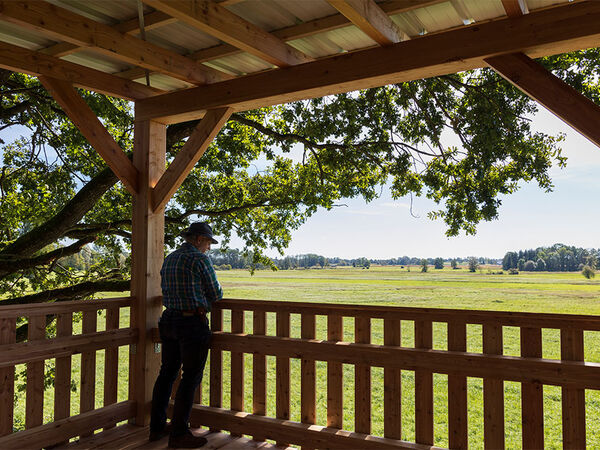 Aus BiotopVerbund-Projekten können alle Beteiligten einen Nutzen ziehen. Person blickt vom Aussichtsturm in eine Landschaft.