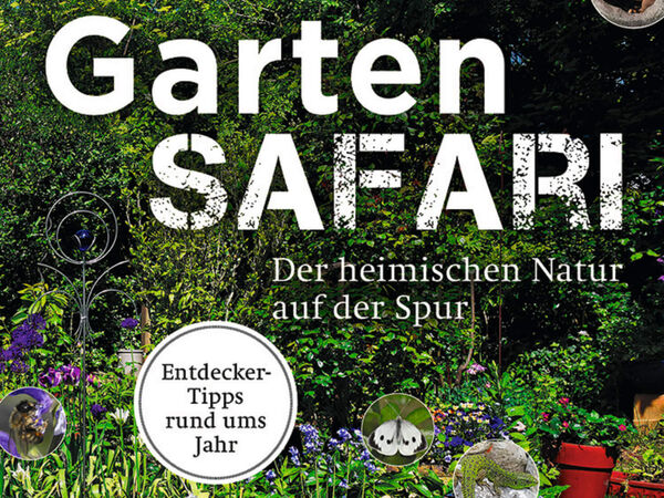Cover des Buchs Gartensafari Das Buchcover bildet den Titel Gartensafari vor einem üppig grünen Garten und diversen Detailfotos von Gartentieren ab.